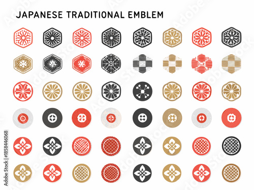 Collection of traditional japanese mon symbols illustrated in various geometric designs