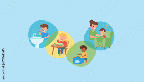 Childhood daily routines brushing teeth eating breakfast story time and playing Focus on care and development