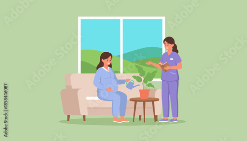 Midwife providing home care consultation to happy pregnant woman watering plant