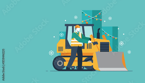 Construction worker drives a bulldozer in winter snow decorated with festive Christmas lights
