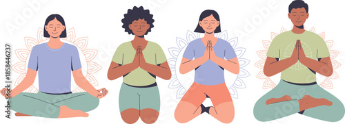 Meditation cartoon character vector set, peaceful poses, mindfulness illustration, spiritual practice, mandala background, yoga posture, inner calm, wellness concept