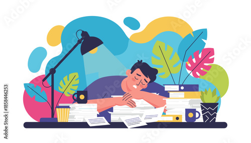 Exhausted man sleeps on a mountain of paperwork due to stress and deadline burnout