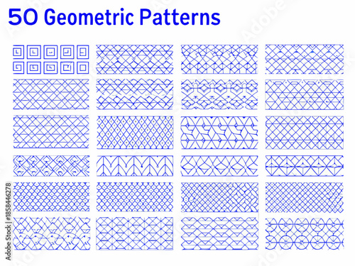 Collection of fifty diverse geometric patterns in a grid layout
