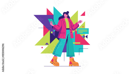 Stylish woman uses a tablet for digital communication and modern business solutions surrounded by abstract geometric art