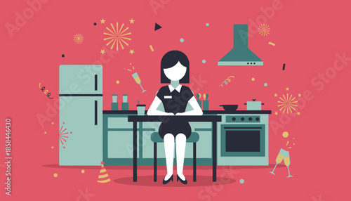 Minimalist flat design illustration of a professional woman sitting in a colorful kitchen during a festive celebration