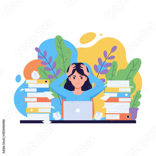 Overworked woman suffering stress and headache surrounded by piles of documents at work desk