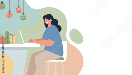 Woman working remotely on laptop during Christmas holidays with festive decorations