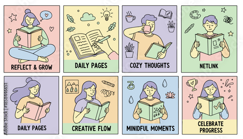 Doodle set illustrating concepts of reading journaling selfcare reflection and personal development routines