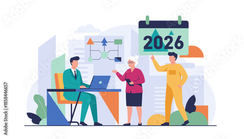 Business team planning 2026 strategy Future corporate goals planning teamwork and project management