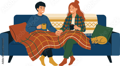 Cozy couple relaxing on sofa with blanket and cat illustration