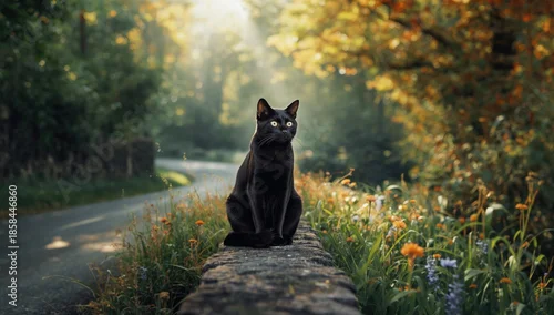 Obraz Dark-furred feline on a street during nighttime, highlighting urban animal activity