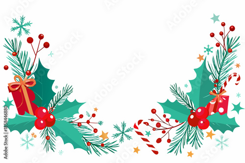 Festive christmas decorations with holly gifts candy canes and sparkling stars