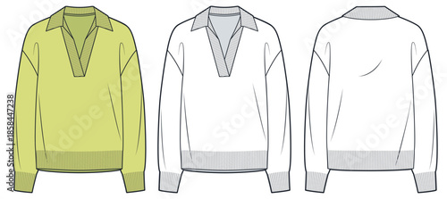 Polo Collar Knit Sweater Technical Fashion Illustration. Sweater fashion flat technical drawing template, long sleeve, v neck, front and back view, white, yellow, women, men, unisex CAD mockup.