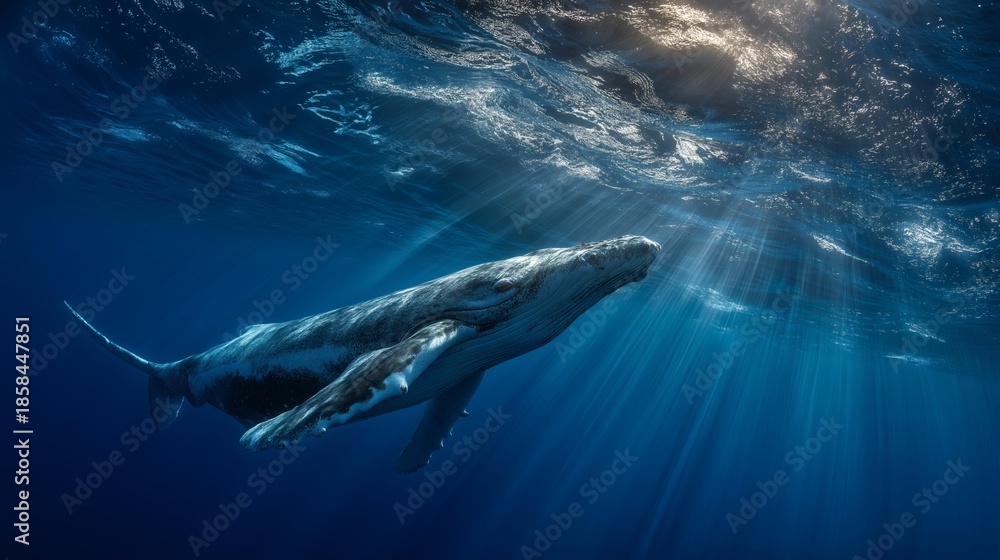 Fototapeta premium Gentle giant whale swims through the blue ocean water, light rays above.