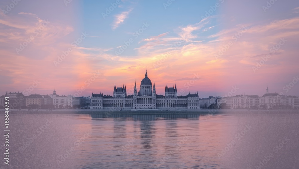 Fototapeta premium Early morning view of Hungarys parliament, cityscape with rising sun and quiet streets
