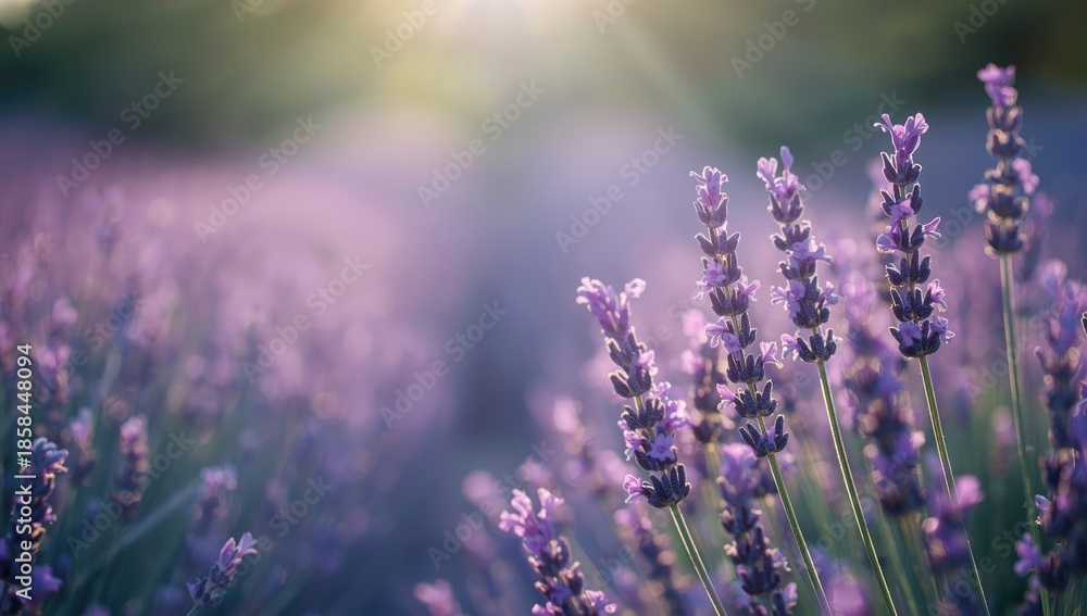Obraz premium Lavender in full bloom on a Provence field at dusk, featuring purple hues and bokeh effects, suitable for background design