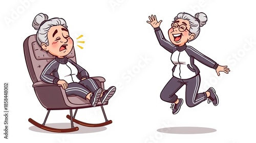 A grandmother in a tracksuit resting in a chair and having fun.