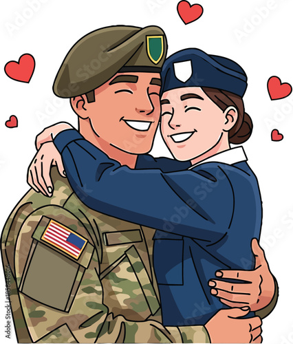 Military Couple Embrace Cartoon Vector Illustration
