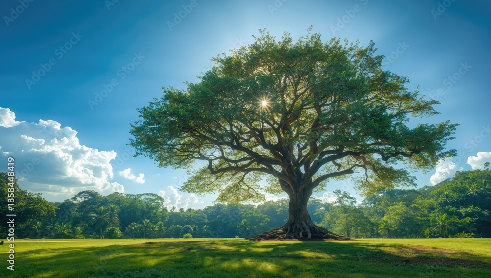 Obraz premium Teak tree with blue sky backdrop, focusing on natural preservation, Earth Day