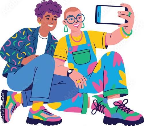 Trendy non-binary couple taking selfie with smartphone. Gen Z fashion and diversity concept.