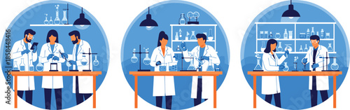 Science laboratory research vector illustration set featuring male and female scientists in white coats working with chemical equipment