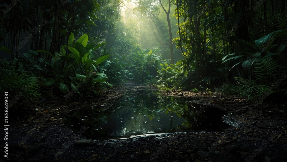 Fototapeta premium Tropical rainforest affected by oil spill, ecological preservation efforts