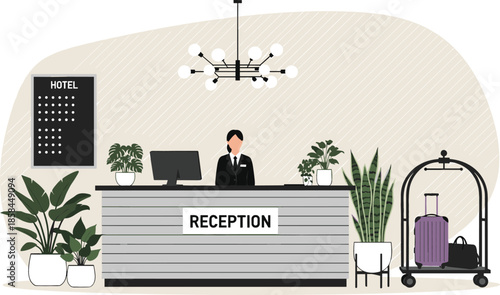 Modern hotel reception desk interior vector illustration with female receptionist computer luggage cart and many potted green plants