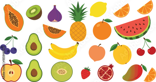 Tropical and summer fruits collection with variety of fresh organic fruit icons for healthy lifestyle designTropical and summer fruits collection with variety of fresh organic fruit icons for healthy 