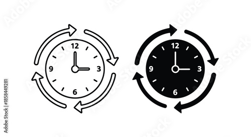 Dual clock arrows - Black and White Vector Symbol, Minimal Solid Vector Illustration, Minimal UI Vector, Flat Solid Vector, Flat Vector Illustration, icon, Editable stroke icon, Modern icon