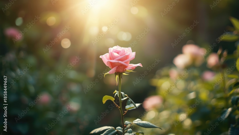 Obraz premium Pink rose against a lush natural setting intended for botanical display, garden decor, World Plant Day