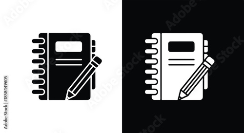 Notebook and pen - Black and White Vector Symbol, Minimal Solid Vector Illustration, Minimal UI Vector, Flat Solid Vector, Flat Vector Illustration, icon, Editable stroke icon, Modern icon