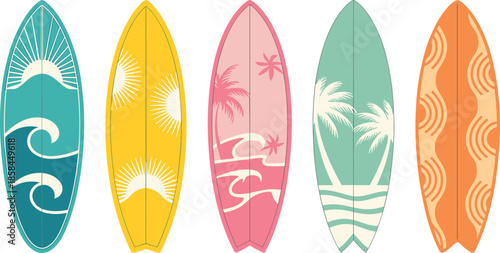 Vintage summer surfboard collection with retro patterns and tropical beach design elementsVintage summer surfboard collection with retro patterns and tropical beach design elements