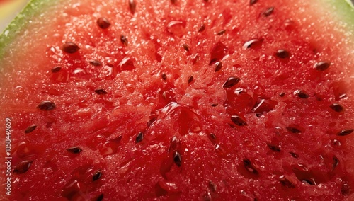 Macro shot of watermelon interior emphasizing juicy texture suitable for food layout, summer, tropical, agricultural theme