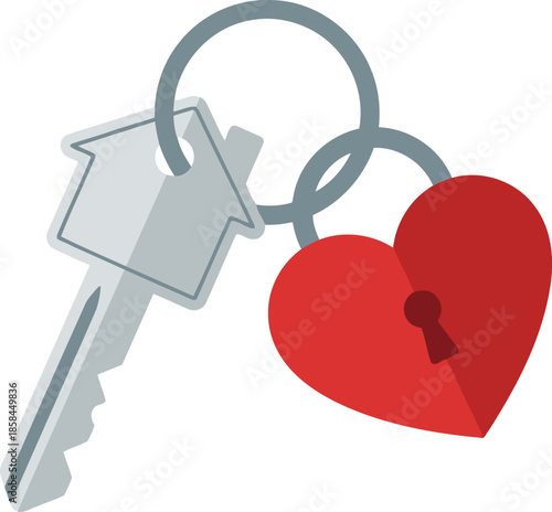 House key with heart shaped padlock on keyring. Real estate and love concept vector illustration.