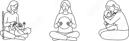 Minimalist line art vector illustration set of a mother playing with her infant baby and holding her pregnancy belly