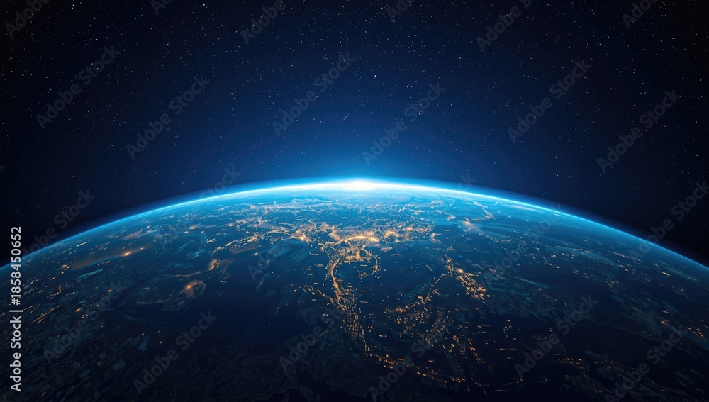 Fototapeta premium Asia-Pacific nighttime view highlighting city lights and natural features, focusing on urban expansion and erosion risk