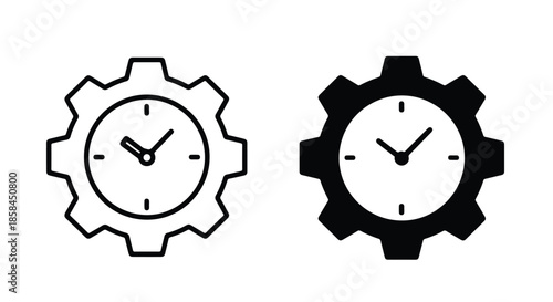 Gear shaped clocks - Black and White Vector Symbol, Minimal Solid Vector Illustration, Minimal UI Vector, Flat Solid Vector, Flat Vector Illustration, icon, Editable stroke icon, Modern icon