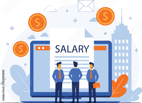 Modern flat vector illustration of business people discussing salary on a large computer screen with coins and skyline