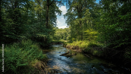 A winding stream runs beneath dense greenery with ferns and towering trees in a forested park, emphasizing conservation activities