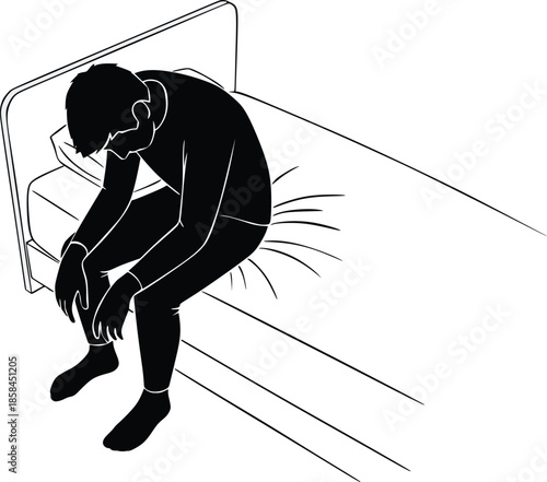 Depressed Man Sitting on Bed Silhouette Illustration