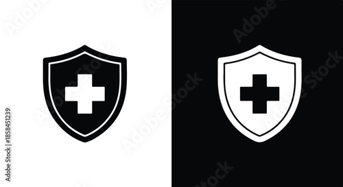 Shield with cross symbols - Black and White Vector Symbol, Minimal Solid Vector Illustration, Minimal UI Vector, Flat Solid Vector, Flat Vector Illustration, icon, Editable stroke icon, Modern icon