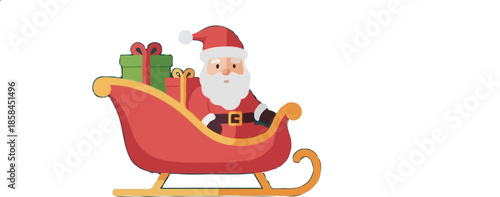 Santa Claus in Sleigh with Christmas Gifts - Flat Design Vector Illustration