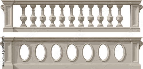 Two classical architectural stone balustrade designs featuring decorative balusters and oval cutouts vector illustration for building balcony railings