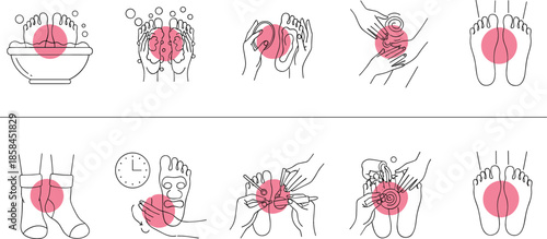 Comprehensive ten step foot care and pedicure routine vector illustration set featuring washing moisturizing and grooming steps