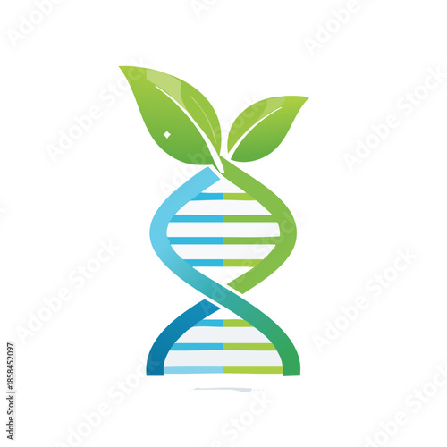 Green dna helix with leaves: representing biotechnology and sustainable science