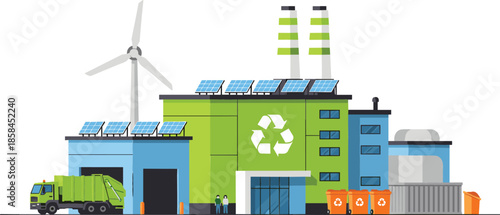 Modern sustainable recycling factory building vector illustration with solar panels wind turbine garbage truck and recycle symbol