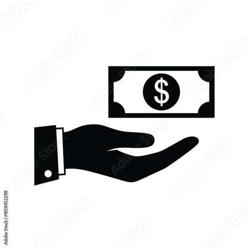 A simple black and white illustration depicts a hand offering a single us dollar bill conveying concepts of payment and financial