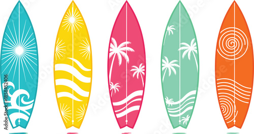 Colorful summer surfboard collection with tropical patterns like sun waves and palm trees for surfing conceptColorful summer surfboard collection with tropical patterns like sun waves and palm trees f