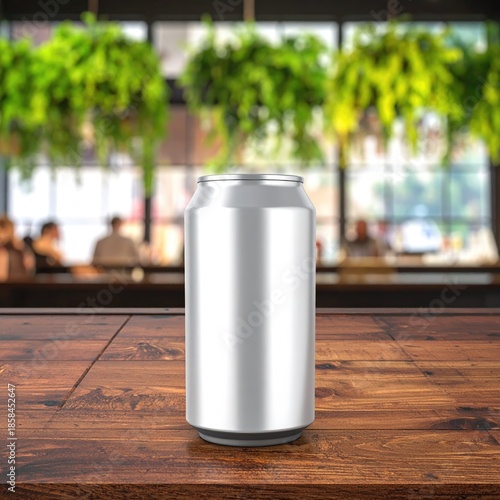 Blank aluminum can on wooden table, cafe background