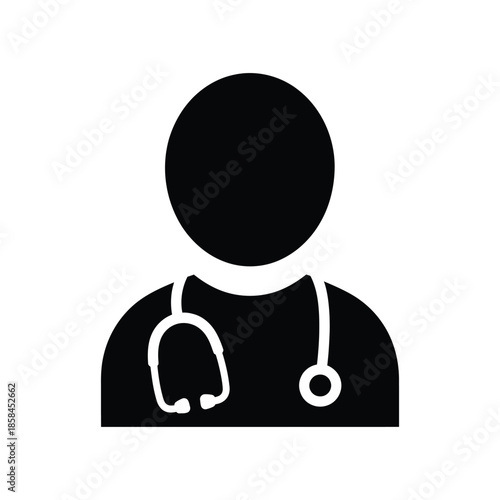 a simple black and white silhouette depicts a person wearing a stethoscope representing healthcare professionals and medical expertise in a concise
